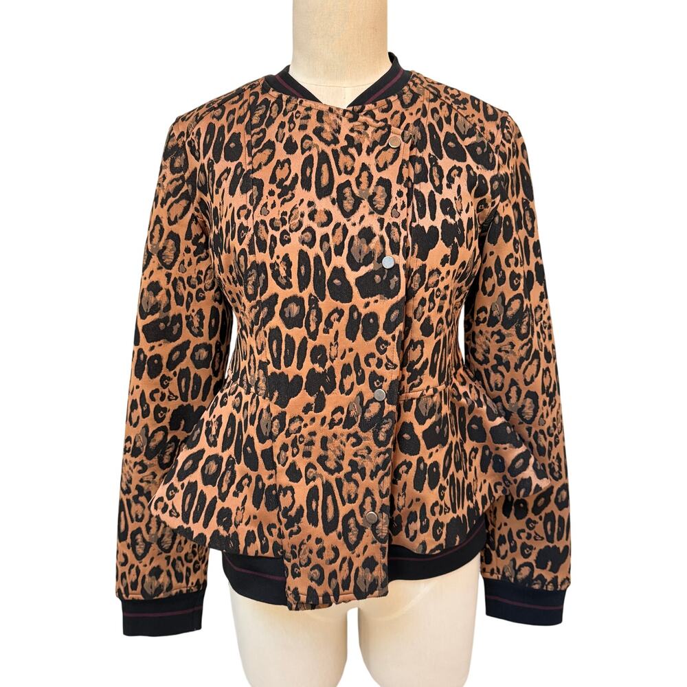 Trouve Nordstrom Leopard Jacquard Bomber Peplum Asymmetrical Jacket Size Small